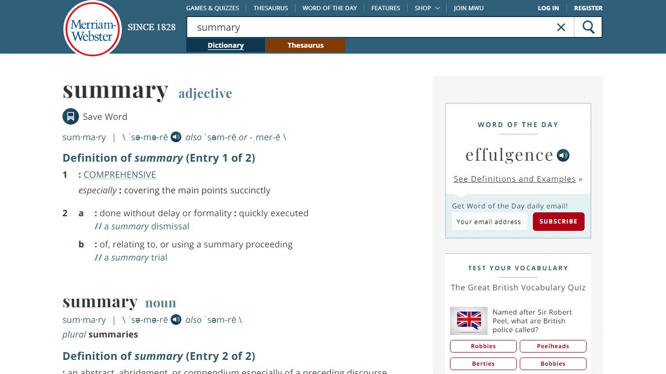 Summary Definition & Meaning - Merriam-Webster